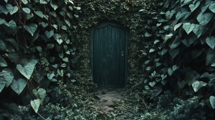 A mysterious doorway framed by dense ivy leaves, embodying the enigmatic allure of nature entwined with man-made structures.