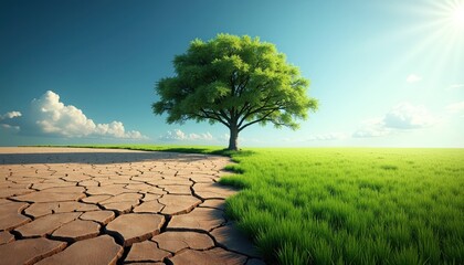 A lush green field meets a cracked, dry landscape, a single tree standing at the boundary. A stark visual representation of environmental contrast and the impact of climate change.