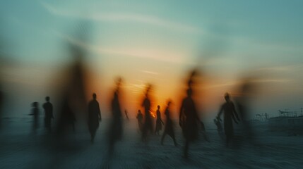 Obraz premium A blurred sunset portrait of people walking, merging into the horizon, capturing the transient nature and movement of life and light.