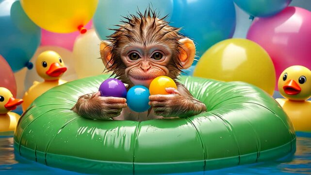 Baby monkey is in a green inflatable pool with a bunch of balloons and rubber ducks. The monkey is holding three balls in its mouth