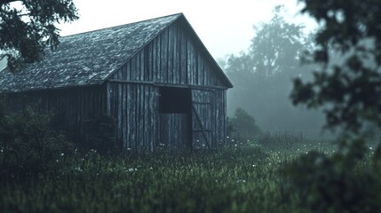 Fototapeta premium An old, weathered barn stands eerily amidst misty greenery, evoking a sense of nostalgia and mystery under a muted, foggy sky.
