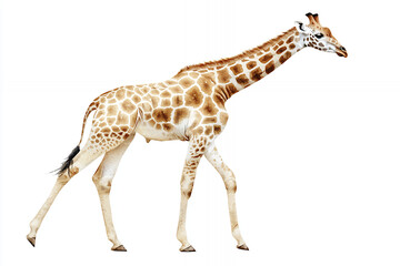 Naklejka premium Giraffe walking, isolated, light brown coat, detailed pattern.