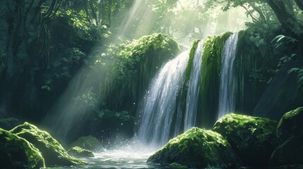 Sunlit waterfall in lush rainforest; tranquil nature scene