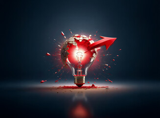 A glowing lightbulb, shattered yet radiating, with a red arrow emerging from its core, symbolizing global innovation and breakthrough.  The fragments of a world map suggest global impact.