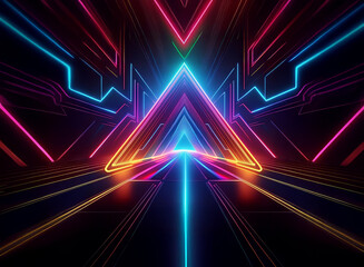 Vibrant neon triangles and lines converge in a symmetrical, futuristic tunnel. The colors are bright and dynamic, creating a sense of depth and movement.