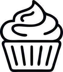 Cupcake icon, minimalist black and white design, swirled frosting, simple line drawing, bakery logo, vector graphic, sweet treat illustration, cartoon style, single cupcake, outlined dessert, monochro