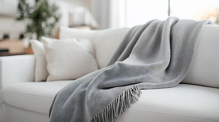 Fototapeta na wymiar Soft gray throw blanket drapes elegantly on white couch bathed in soft natural light. AI Generated
