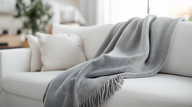 Soft gray throw blanket drapes elegantly on white couch bathed in soft natural light. AI Generated