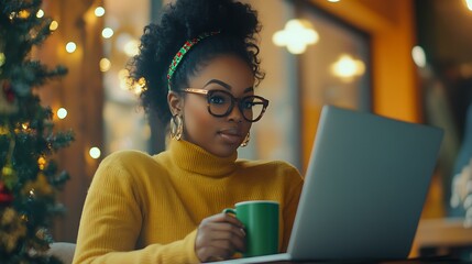A Black woman managing a social media campaign, typing on her laptop with a festive green coffee cup in hand