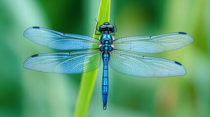 A vibrant blue dragonfly perches on a green blade, its wings intricately patterned, against a backdrop of lush greenery.
