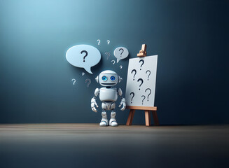 A small robot stands before an easel displaying question marks, surrounded by more question marks in speech bubbles.  It contemplates uncertainty and the search for answers.