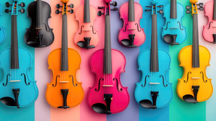 Naklejka premium Colorful violins arranged in artistic patterns on vibrant backgrounds.