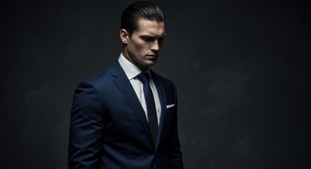 Obraz premium Confident Businessman in Dark Suit Contemplates Leadership - Professional Portrait Photograph for Corporate and Career Use Cases