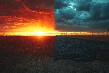 A split landscape depicting contrasting weather and lighting conditions.