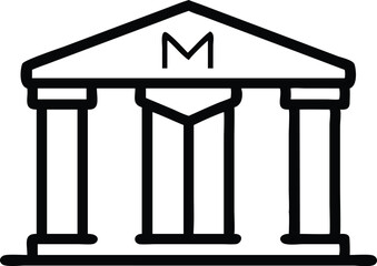 Minimalist architectural icon, Greek temple outline, simplified pillars, triangular roof, bold letter M, black and white line drawing, geometric shapes, symmetrical design, iconic symbol, educational 