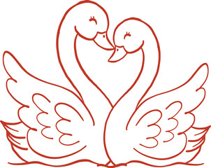 Retro Love Swans with Red Bow in love Doodle Outline