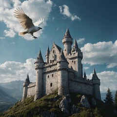 Fototapeta premium A white raven flying over an enchanted castle.