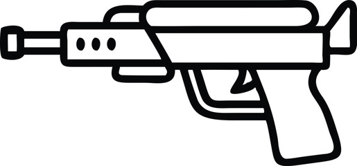 Black and white illustration, simple line drawing, assault rifle, military weapon, minimalist design, iconic firearm silhouette, vector graphic style, gun outline, modern warfare symbol, tactical equi