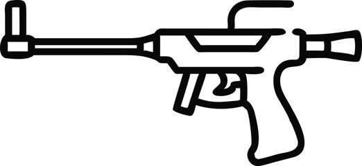 Black and white illustration, simple line drawing, assault rifle, military weapon, minimalist design, iconic firearm silhouette, vector graphic style, gun outline, modern warfare symbol, tactical equi