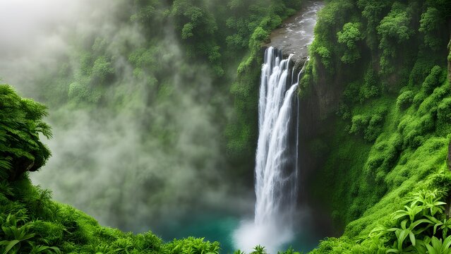 Serene mist-shrouded waterfall cascading down lush green cliffs into a tranquil pool.