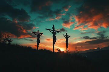 Jesus on the cross with two other men hanging sky silhouette clouds.