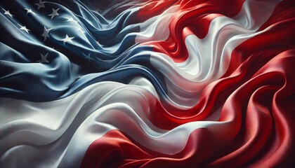 Abstract USA fWaving Flag Background with Red, White, and Blue Silk Texture: Realistic Flowing Fabric in High Resolution.