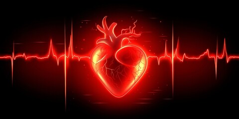 Glowing Red Human Heart with Electrocardiogram Wave on Dark Background, Health Illustration