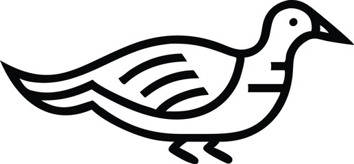 Simple line drawing, black and white, stylized bird, crow or raven, minimalist design, thick outline, cartoon style, side view, standing pose, curved beak, single continuous line, tribal art influence