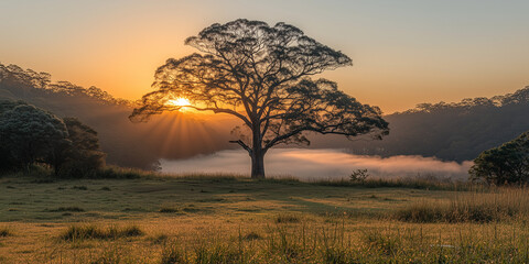  Tree in the field with sunlight streaming through at sunrise