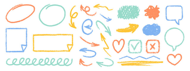 Cute Crayon Pencil Emphasis Squiggles Vector Set. Chalk Scribble Graffiti Arrows Frames Speech Bubbles Underlines. Hand Drawn Brush Texture Star Shapes Highlights. Pencil Childish Charcoal Doodles