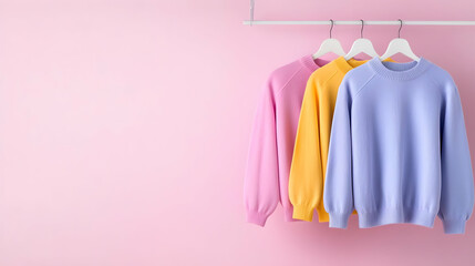 Obraz premium Pastel sweaters hang on rack, pink background. Lifestyle website banner