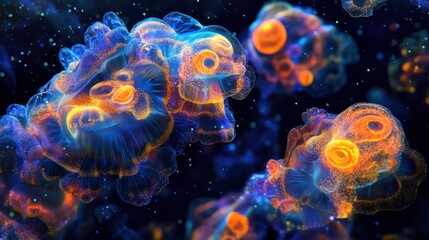 Fototapeta premium A vibrant, colorful depiction of jellyfish in a dark underwater setting, showcasing their ethereal beauty and bioluminescent features.