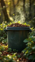 Verdant Growth Emanating from Reclaimed Container in Sun Dappled Forest