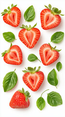 Fresh strawberries sliced in half arranged with basil leaves, strawberries revealing juicy red pulp, strawberries creating vibrant contrast against crisp white background