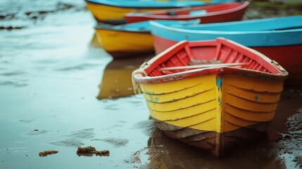 Obraz premium Vibrant boats rest on a muddy shore, their bright colors contrasting with the muted tones of the overcast day.