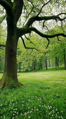 Golden sunlight filters through sprawling tree branches, sunlight illuminating green meadow, sunlight casting warm glow over delicate white flowers