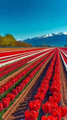 Vibrant tulips bloom in endless rows, tulips filling landscape with red and white hues, tulips stretching toward snow-capped mountains beneath clear blue sky