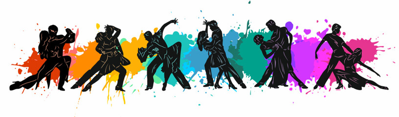 Paired dancing silhouettes of people, dancers man and woman, girl and guy. Vector illustration of dance. Tango. Waltz.