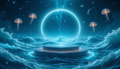 Futuristic Ocean Seascape with Glowing Jellyfish Neon Platform and Celestial Ring