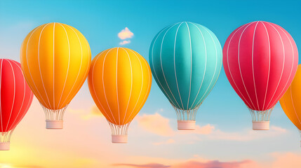 Fototapeta premium Colorful hot air balloons soar at sunset; travel, adventure