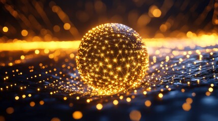 A glowing golden sphere surrounded by shimmering particles, set against a dark backdrop, creating a captivating visual of light and motion.