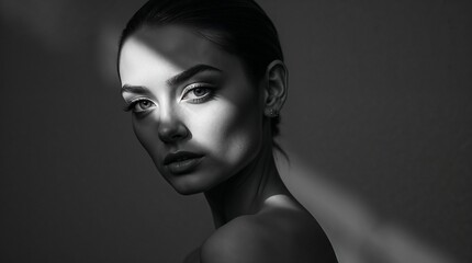 Fototapeta premium Black and white portrait of woman with dramatic shadow lighting.