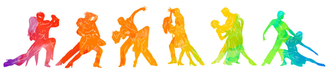 Paired dancing silhouettes of people, dancers man and woman, girl and guy. Vector illustration of dance. Tango. Waltz.