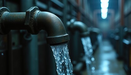 Water flowing from aged metal pipes in an industrial setting.  A series of taps line a dimly lit corridor.