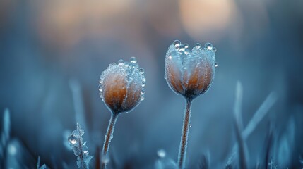 Dew-kissed buds in close-up, shimmering under cold morning light, captures the essence of awakening beauty in frozen surroundings.