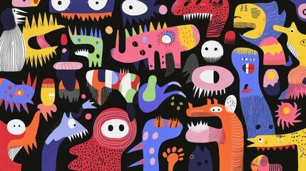 Creative illustrations of colorful monsters art studio digital artwork vibrant environment close-up collaborative creativity
