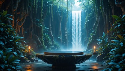 Serene Jungle Waterfall Oasis with Platform Tranquil Nature Scene Mystical Mood