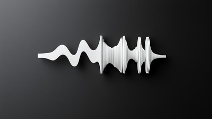 Abstract white 3D soundwave sculpture on a dark background, minimalist design concept.
