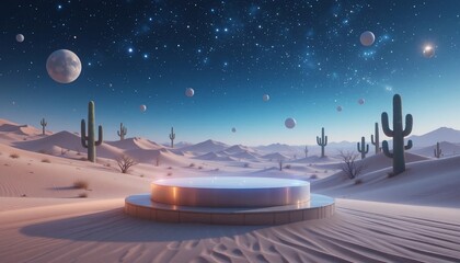 Obraz premium Surreal Desert Landscape with Starry Night Cactus and Platform for Product Display