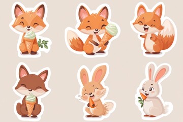 Fototapeta premium Cute fox and rabbit cartoon stickers, ice cream, carrots, background